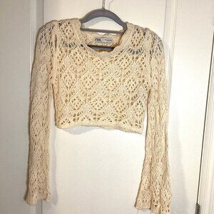 Zara Women's Crochet Cropped Top Size S Long Bell Sleeves Cream Sheer Layering